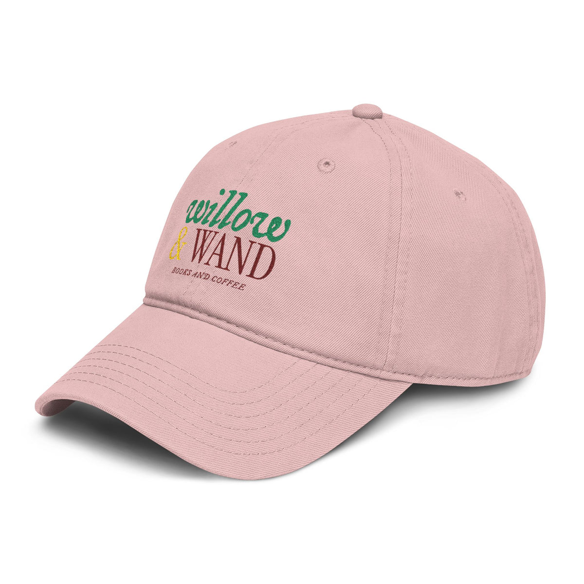 Willow & Wand Embroidered Washed Baseball Cap — Rustic Coffee Shop Logo Hat