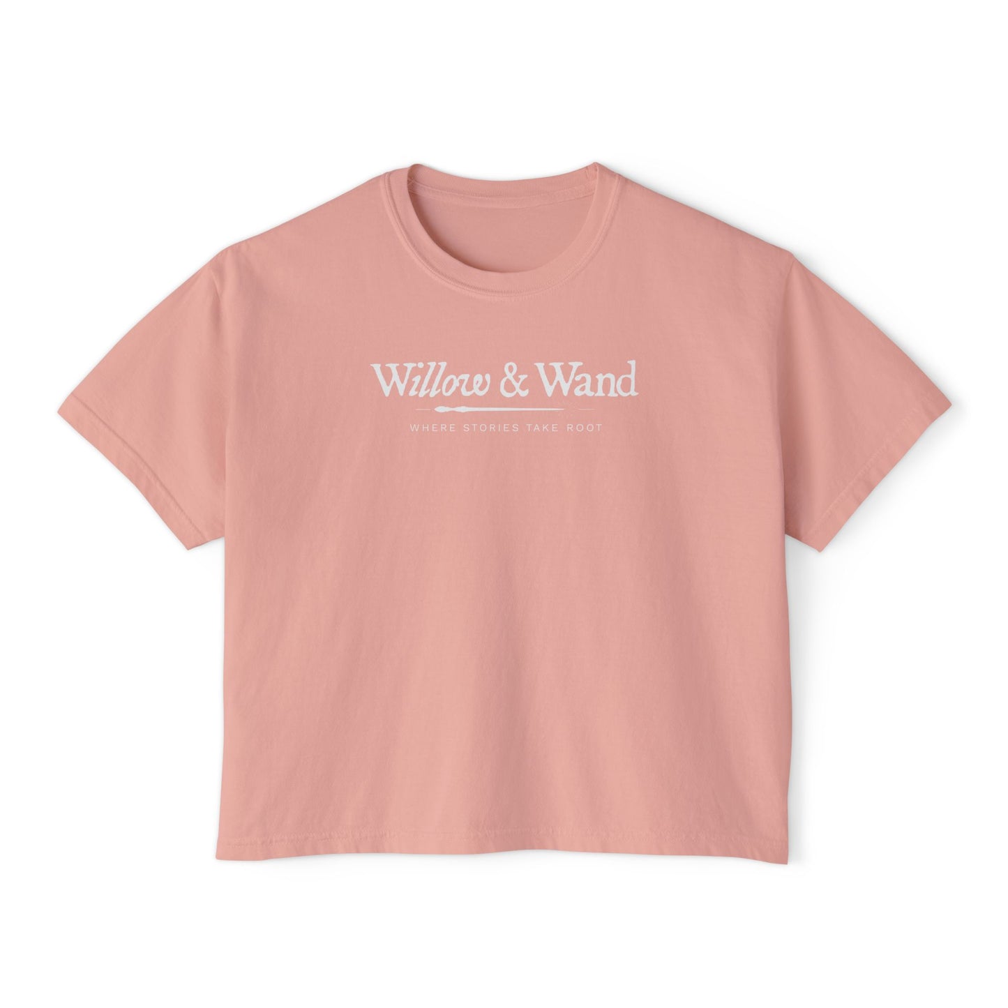 Boxy Women's Tee — Minimal White 'Willow & Wand' Logo