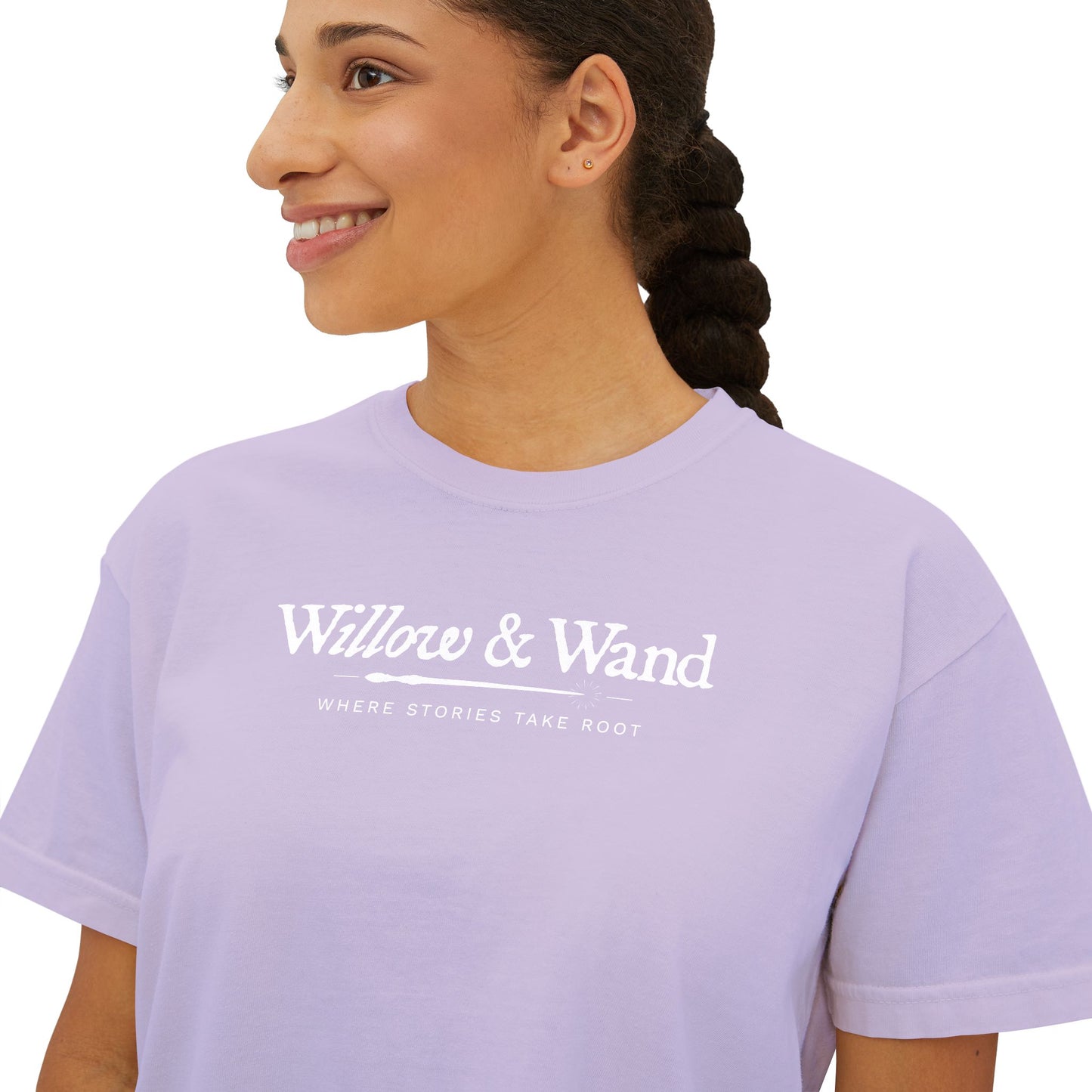 Boxy Women's Tee — Minimal White 'Willow & Wand' Logo