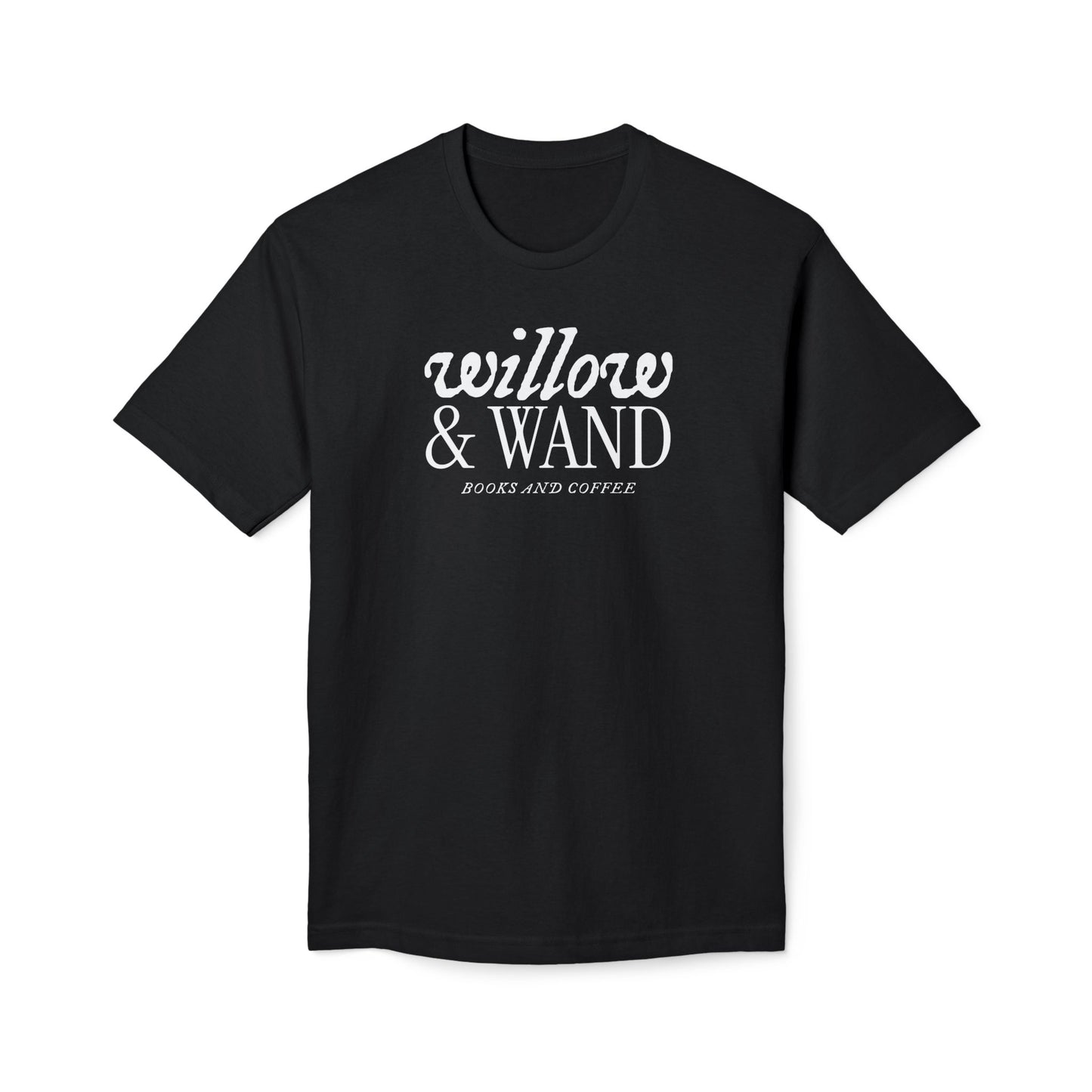 Black t-shirt with 'willow & wand' text on a white background