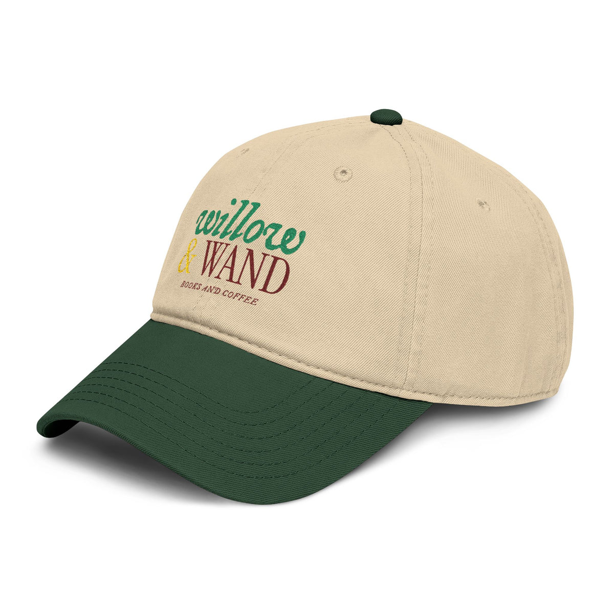 Willow & Wand Embroidered Washed Baseball Cap — Rustic Coffee Shop Logo Hat