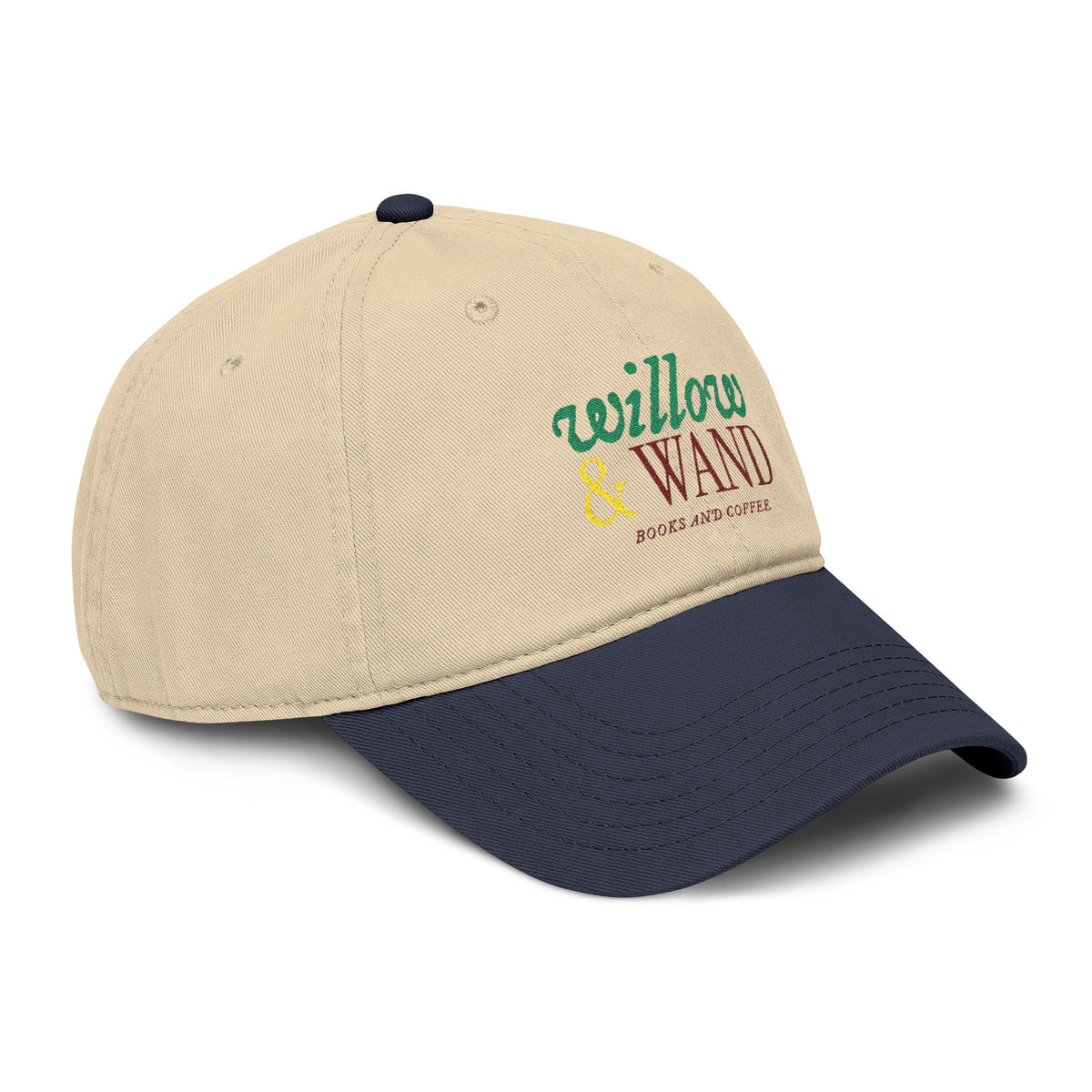 Willow & Wand Embroidered Washed Baseball Cap — Rustic Coffee Shop Logo Hat