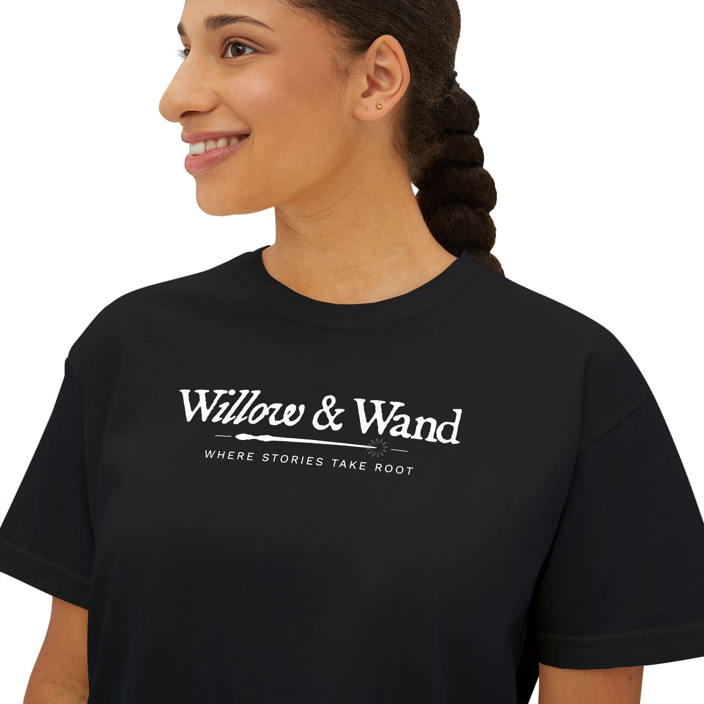 Boxy Women's Tee — Minimal White 'Willow & Wand' Logo