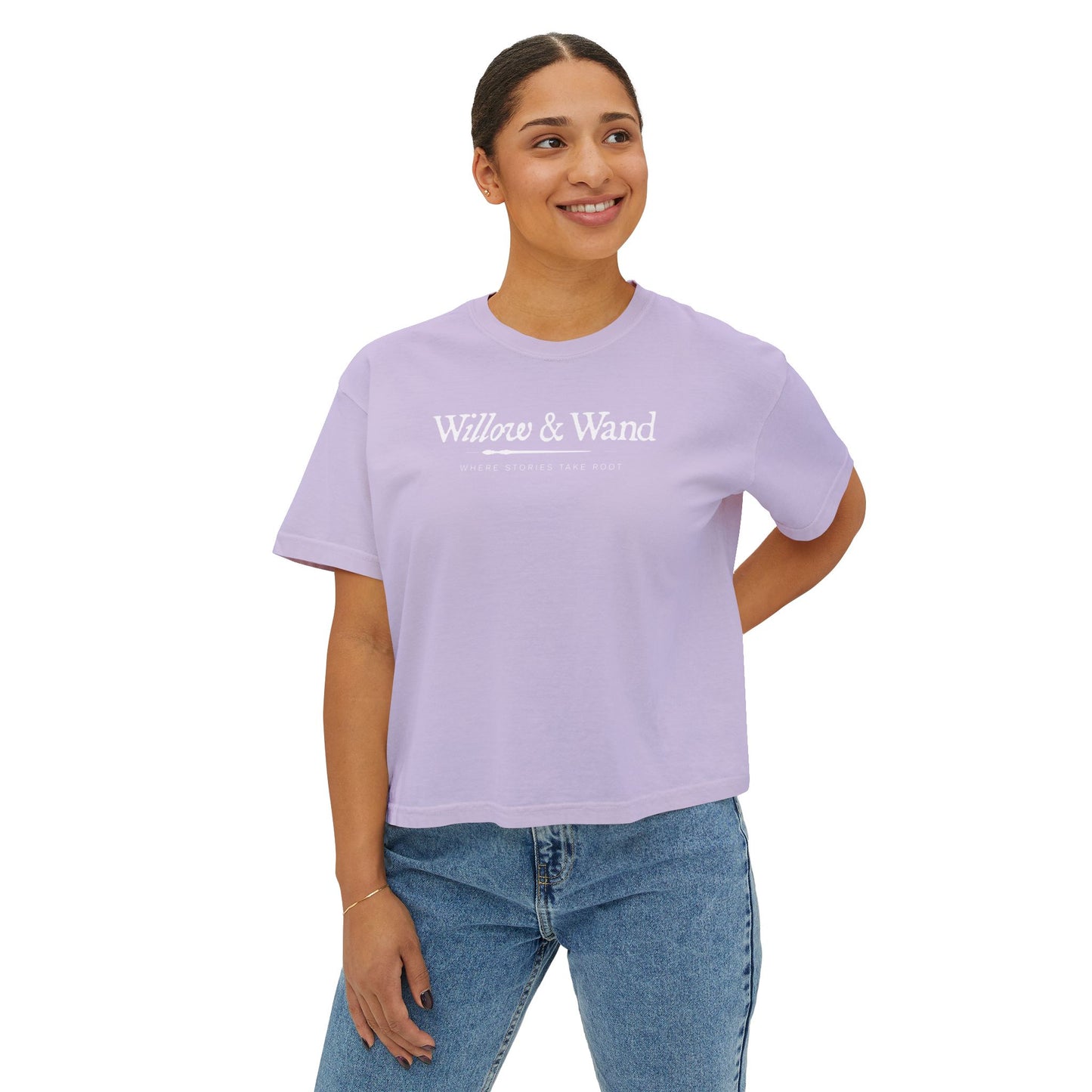 Boxy Women's Tee — Minimal White 'Willow & Wand' Logo