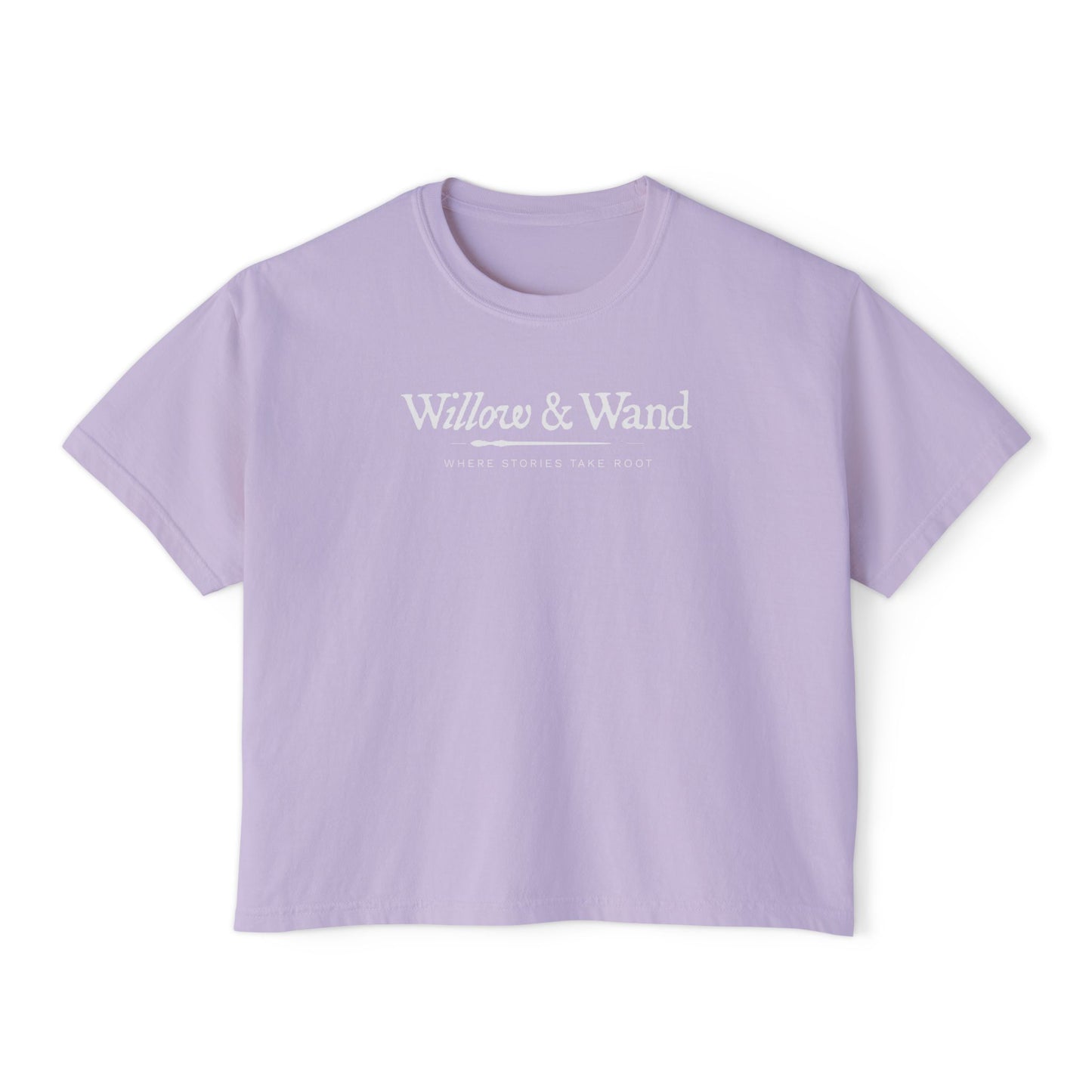 Boxy Women's Tee — Minimal White 'Willow & Wand' Logo
