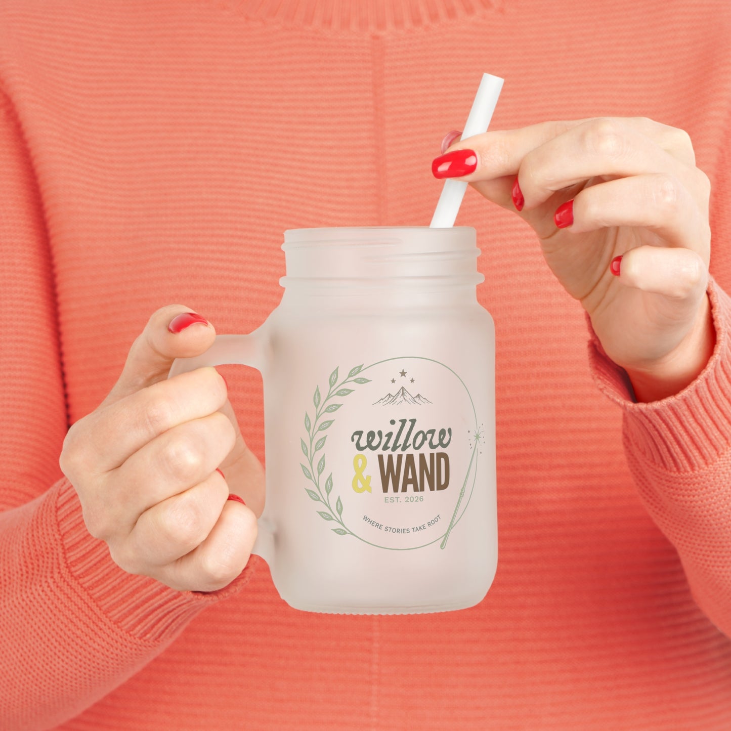 Willow & Wand Mason Jar Tumbler -Frosted Glass Mason Jar with Straw