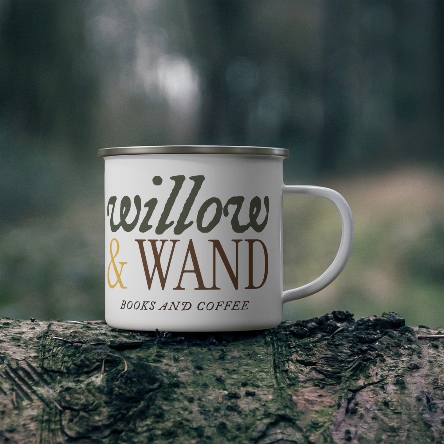 Enamel Camping Mug — "Willow & Wand: Books and Coffee"