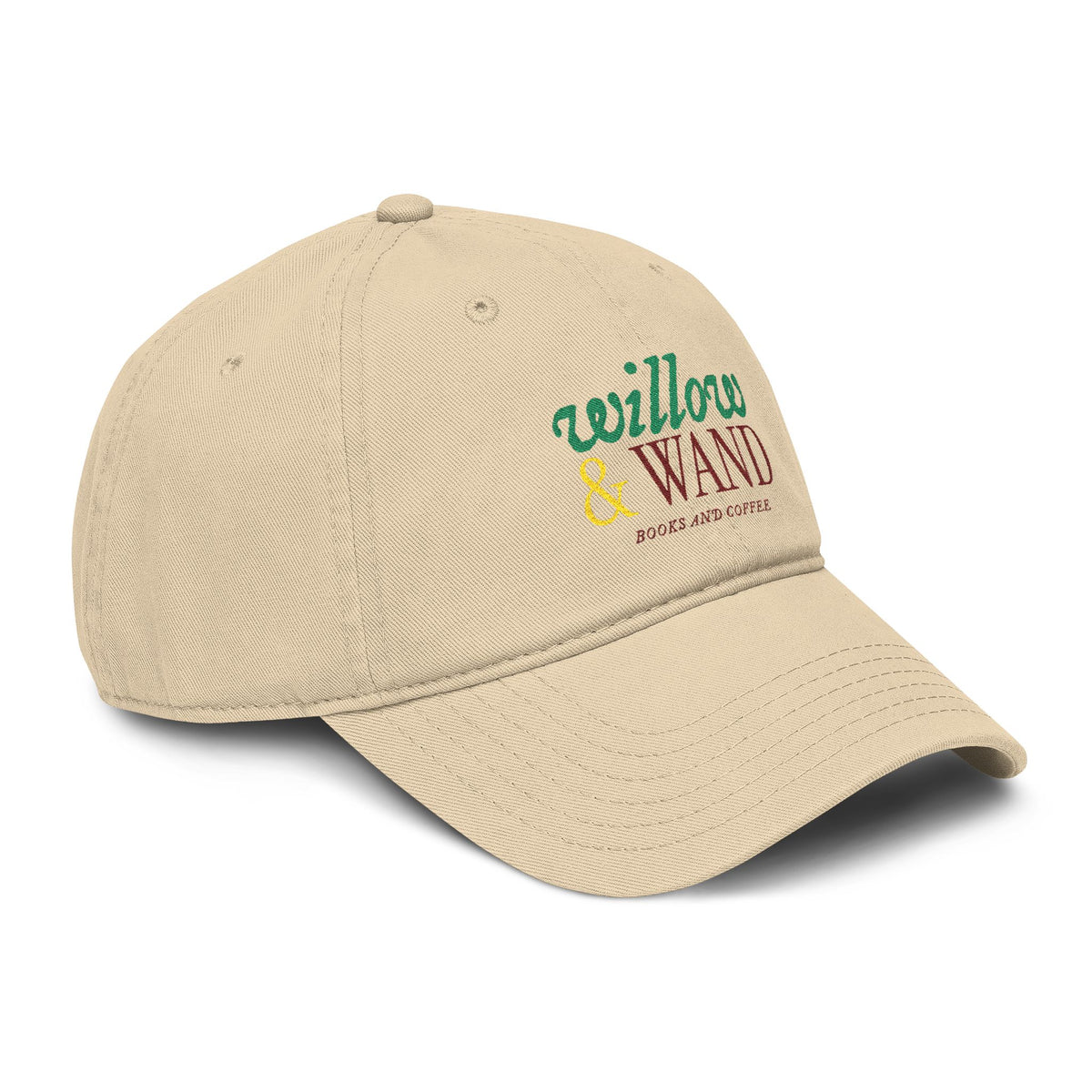 Willow & Wand Embroidered Washed Baseball Cap — Rustic Coffee Shop Logo Hat