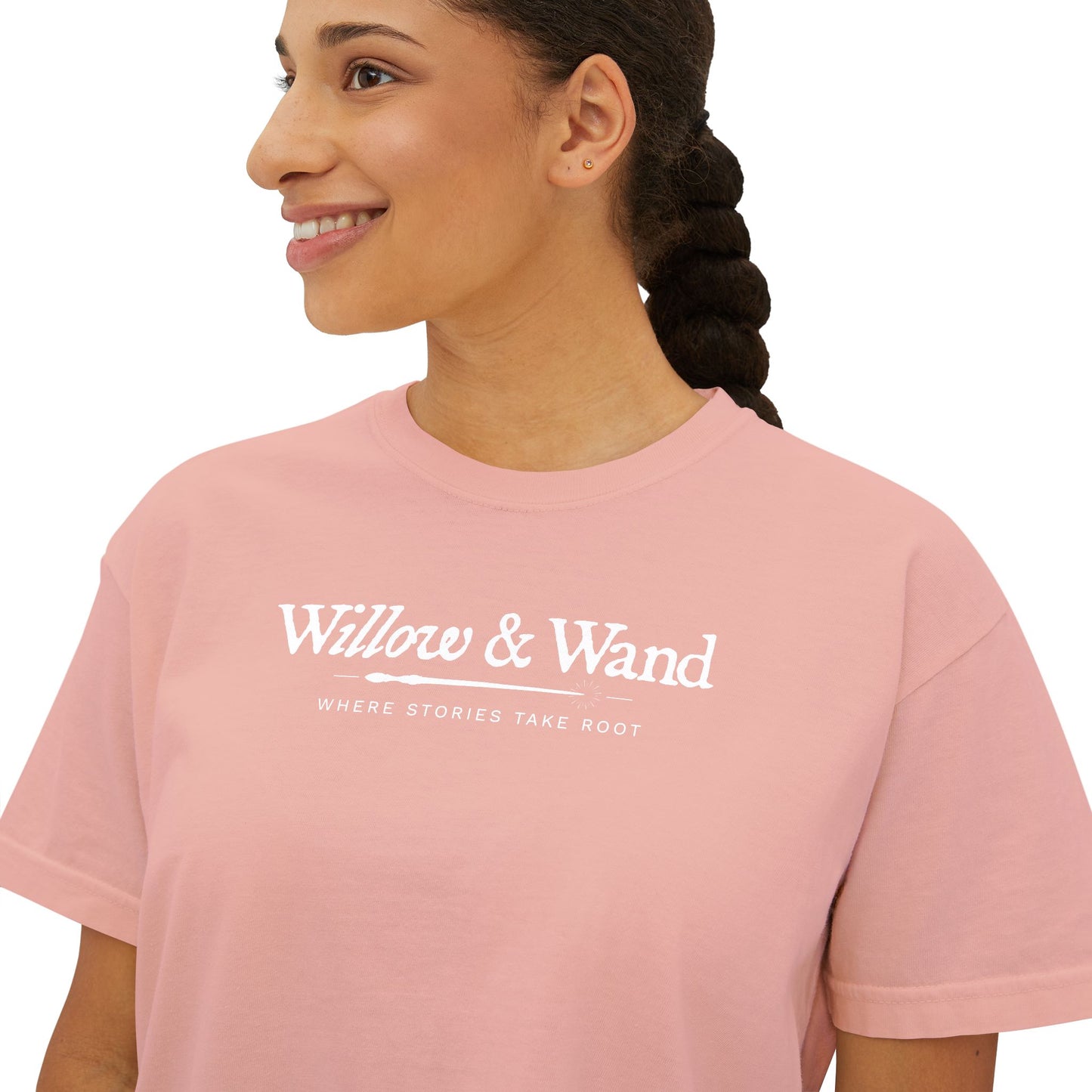 Boxy Women's Tee — Minimal White 'Willow & Wand' Logo