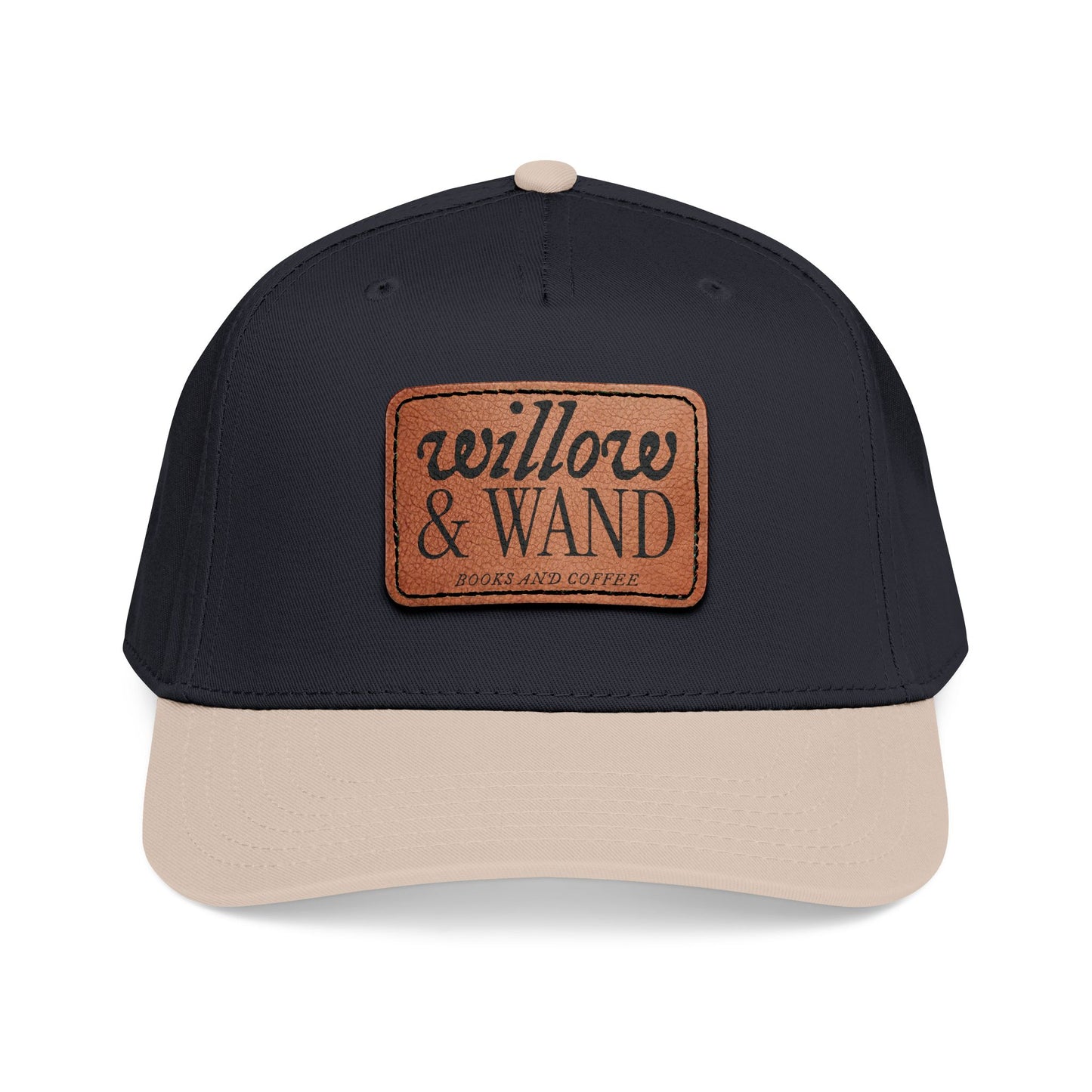 Black and beige cap with a patch on a white background