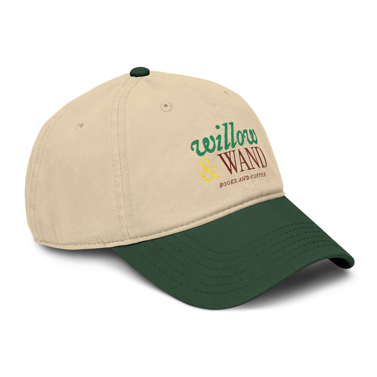 Willow & Wand Embroidered Washed Baseball Cap — Rustic Coffee Shop Logo Hat