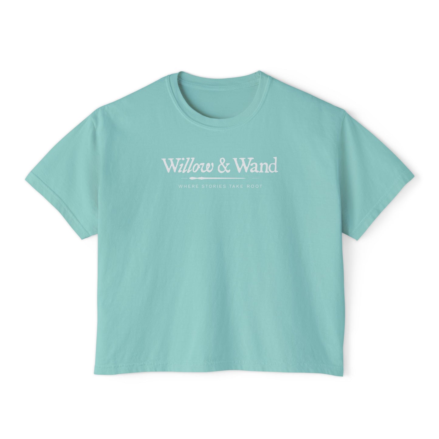 Boxy Women's Tee — Minimal White 'Willow & Wand' Logo