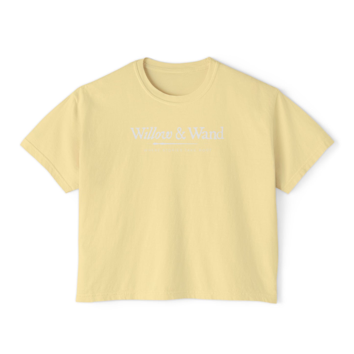 Boxy Women's Tee — Minimal White 'Willow & Wand' Logo