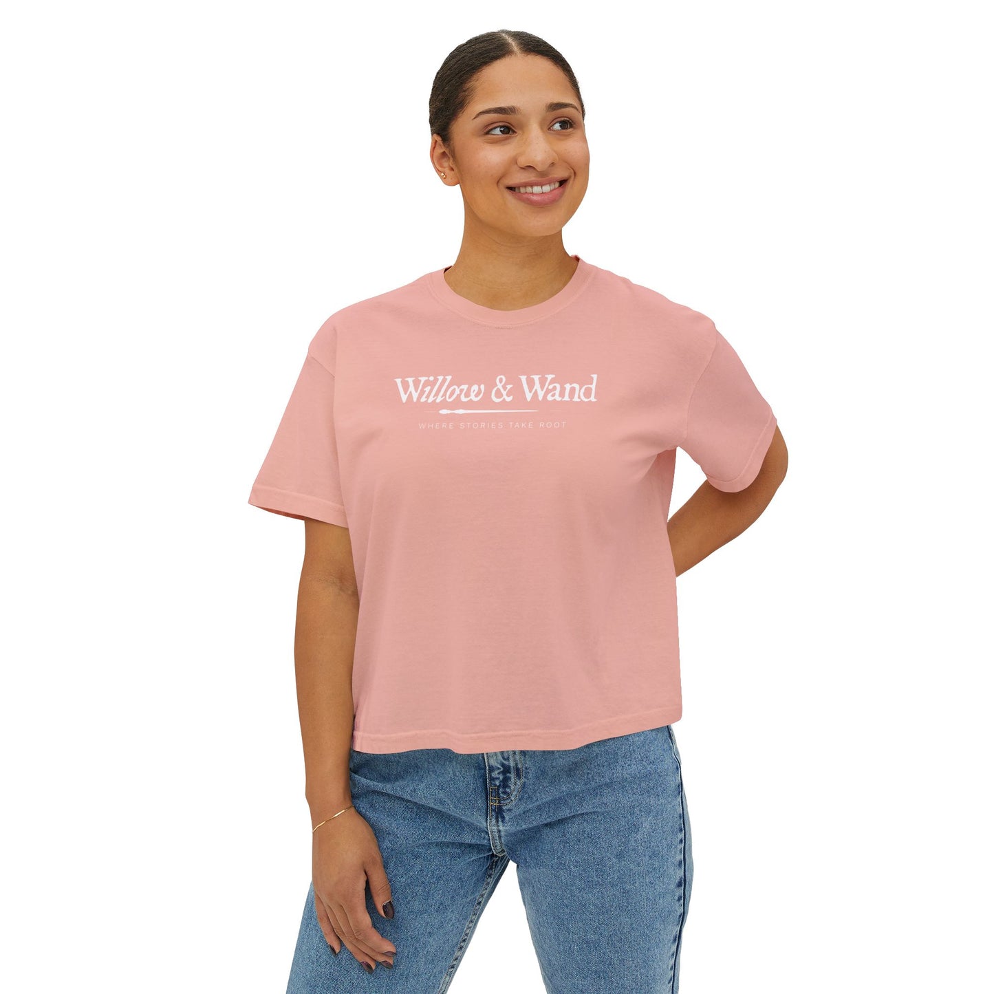 Boxy Women's Tee — Minimal White 'Willow & Wand' Logo