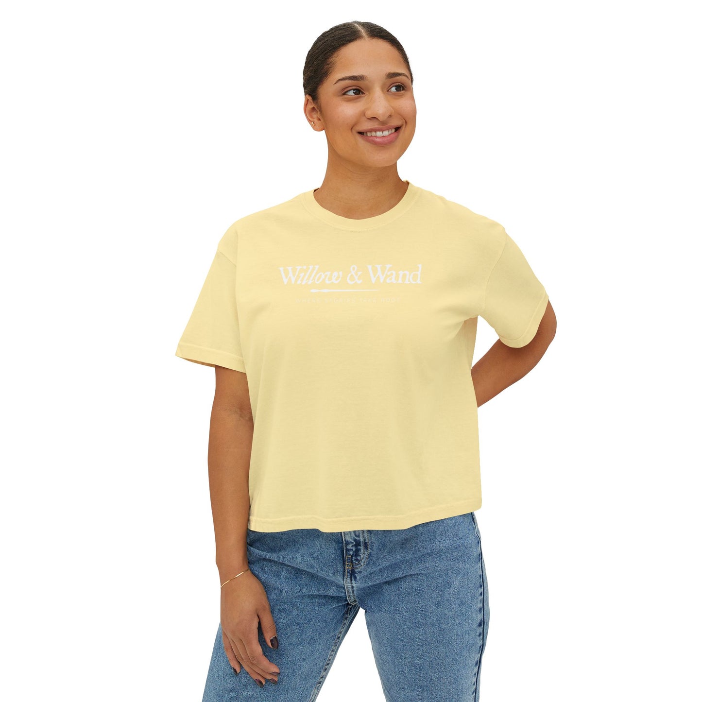 Boxy Women's Tee — Minimal White 'Willow & Wand' Logo