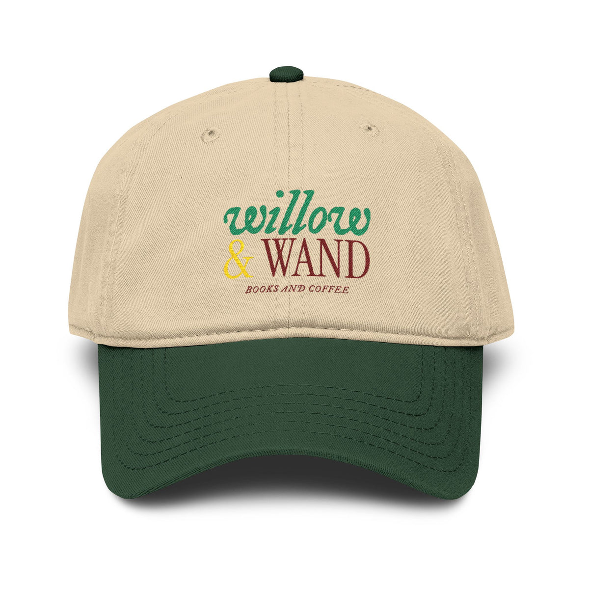 Willow & Wand Embroidered Washed Baseball Cap — Rustic Coffee Shop Logo Hat