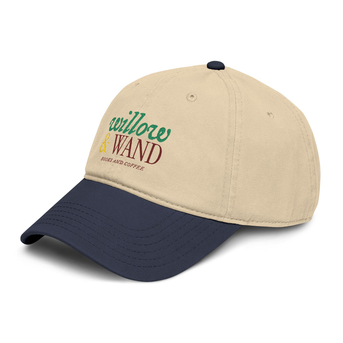 Willow & Wand Embroidered Washed Baseball Cap — Rustic Coffee Shop Logo Hat