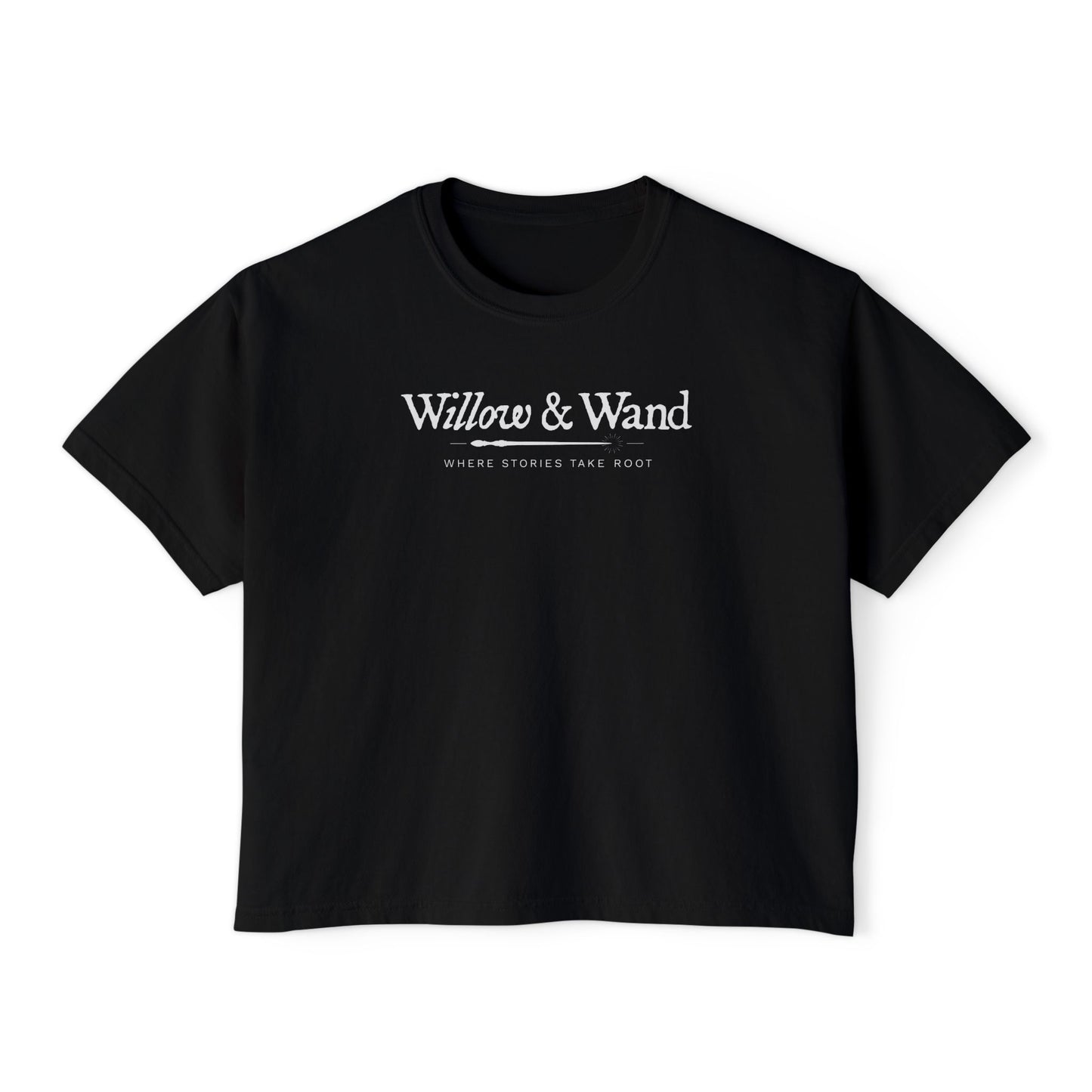 Boxy Women's Tee — Minimal White 'Willow & Wand' Logo