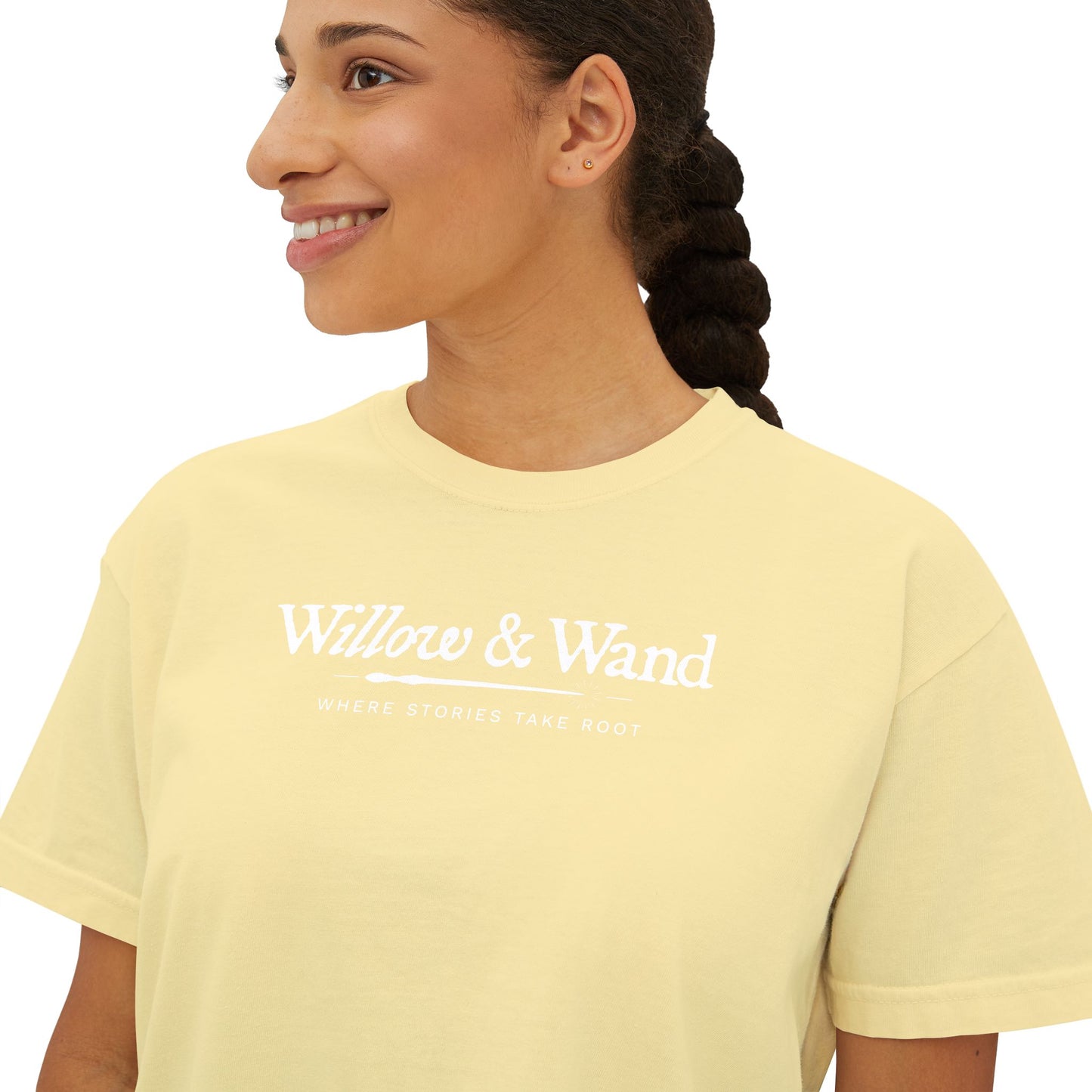 Boxy Women's Tee — Minimal White 'Willow & Wand' Logo