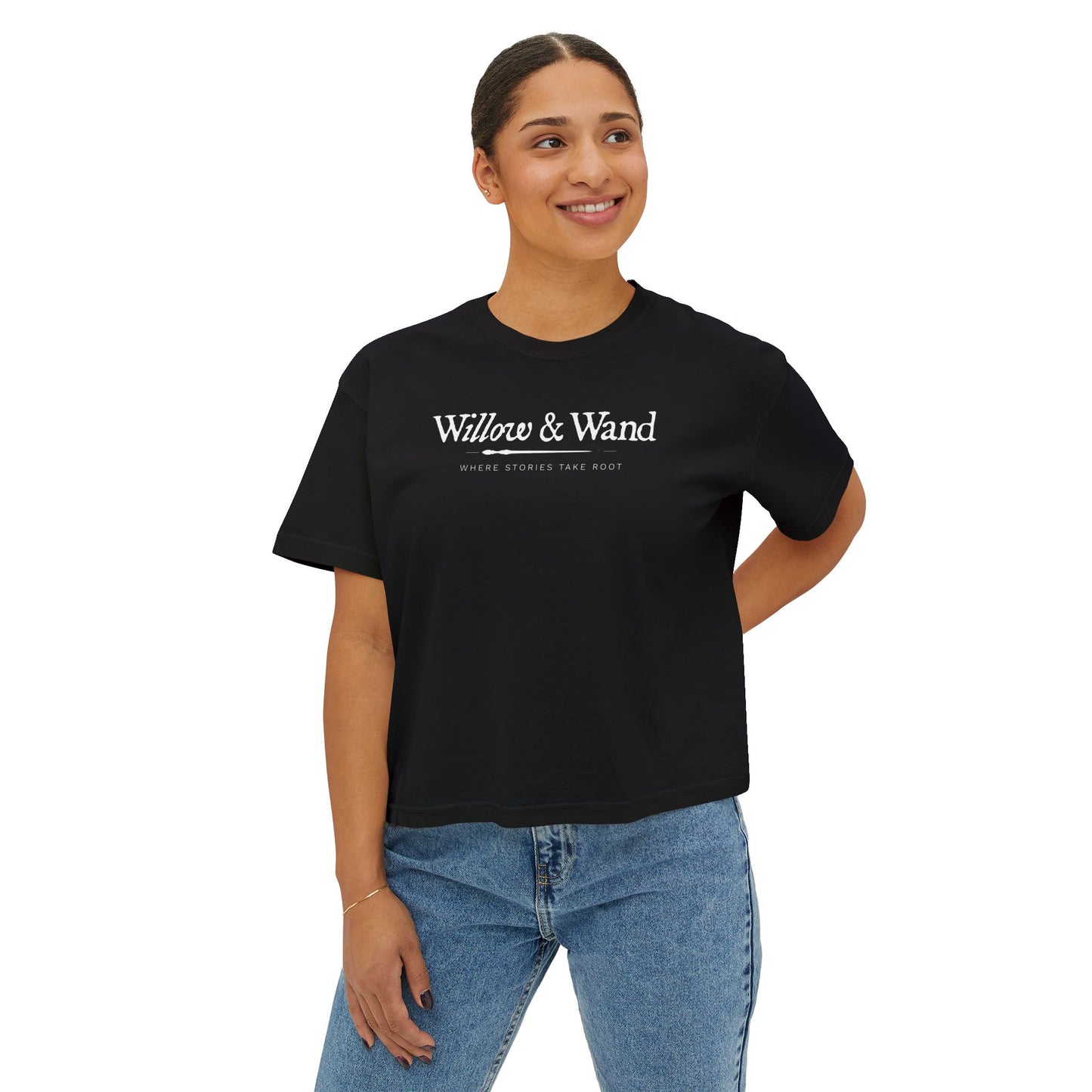 Boxy Women's Tee — Minimal White 'Willow & Wand' Logo
