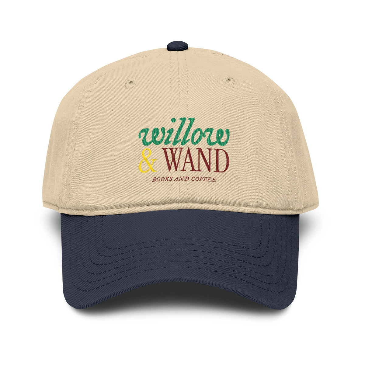 Willow & Wand Embroidered Washed Baseball Cap — Rustic Coffee Shop Logo Hat