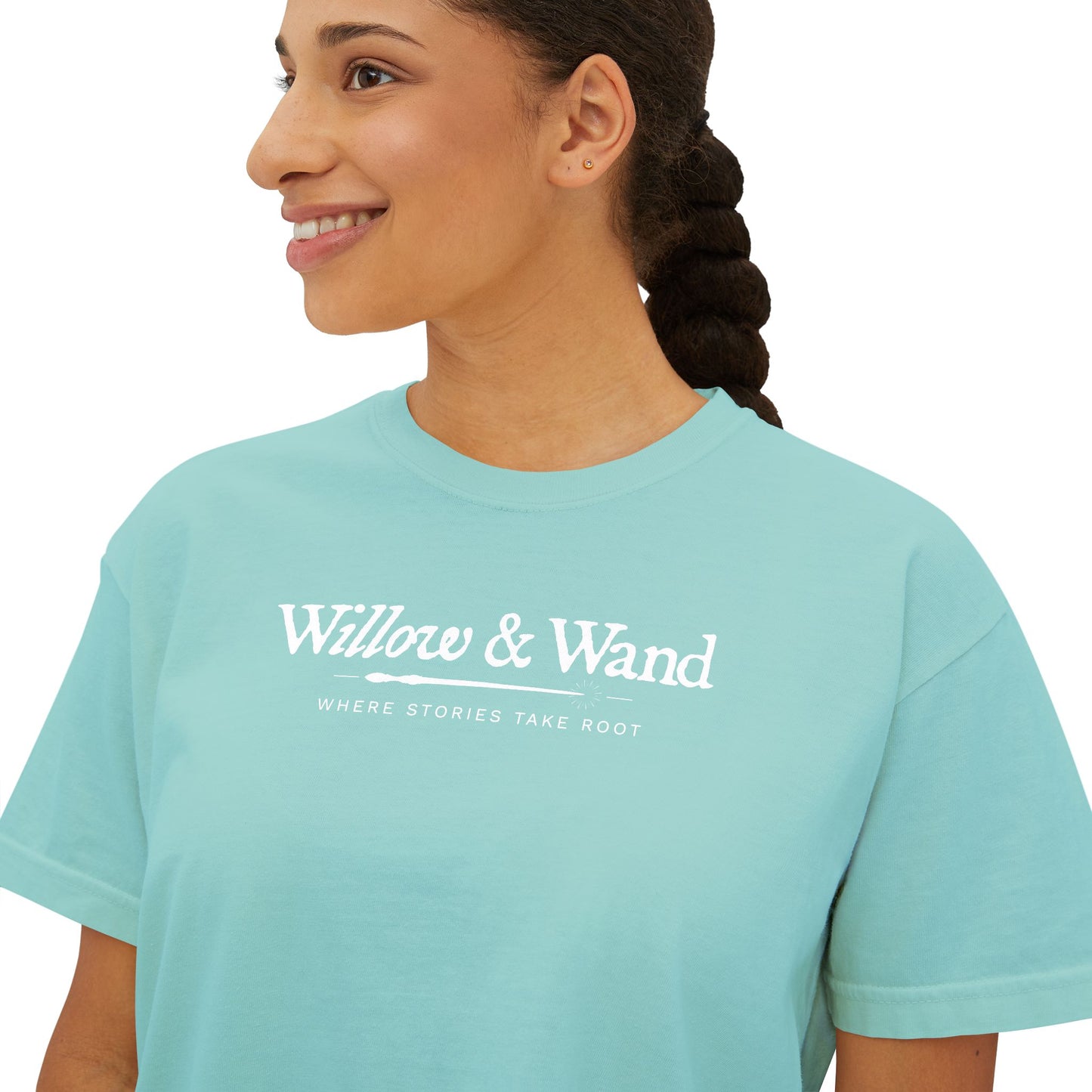 Boxy Women's Tee — Minimal White 'Willow & Wand' Logo
