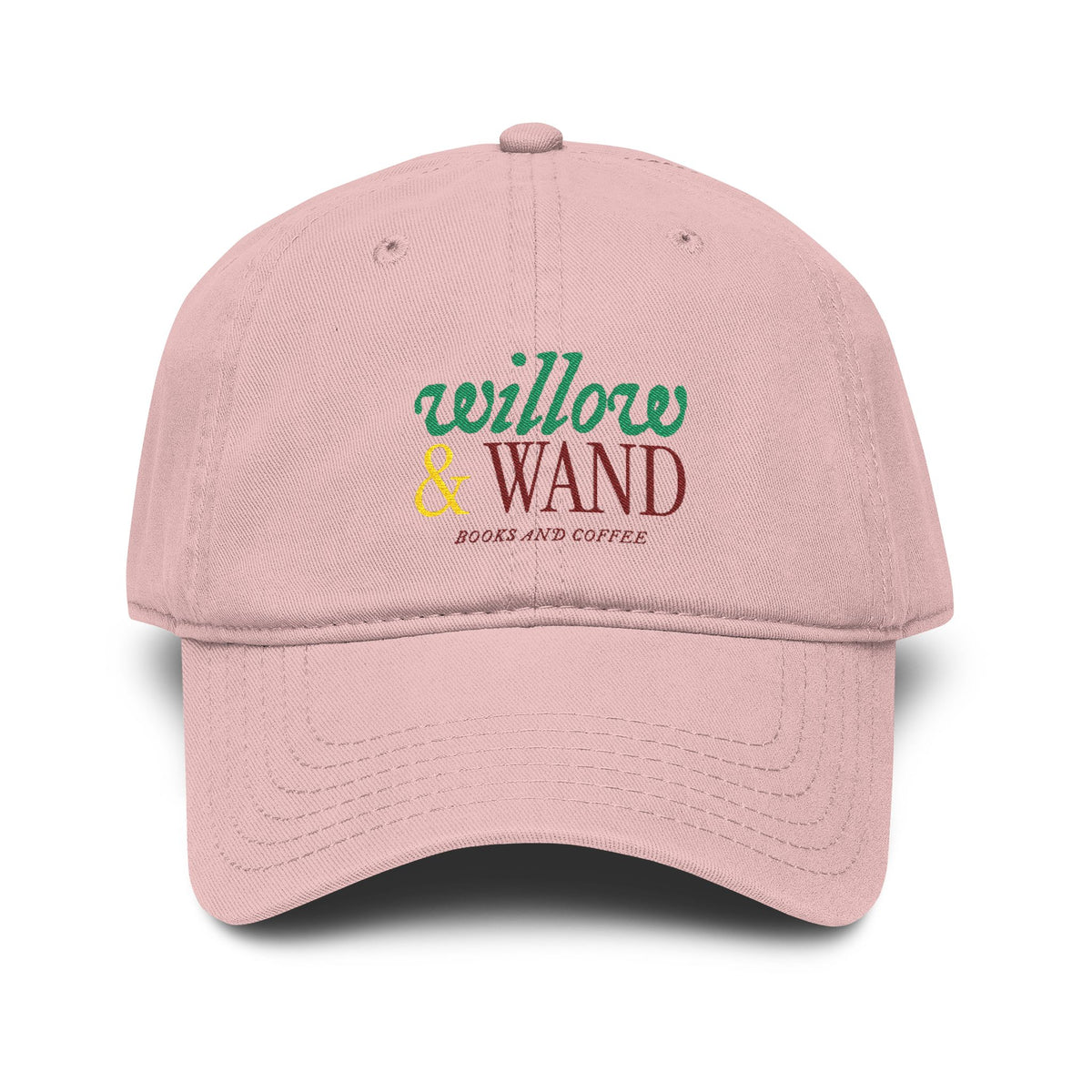 Willow & Wand Embroidered Washed Baseball Cap — Rustic Coffee Shop Logo Hat