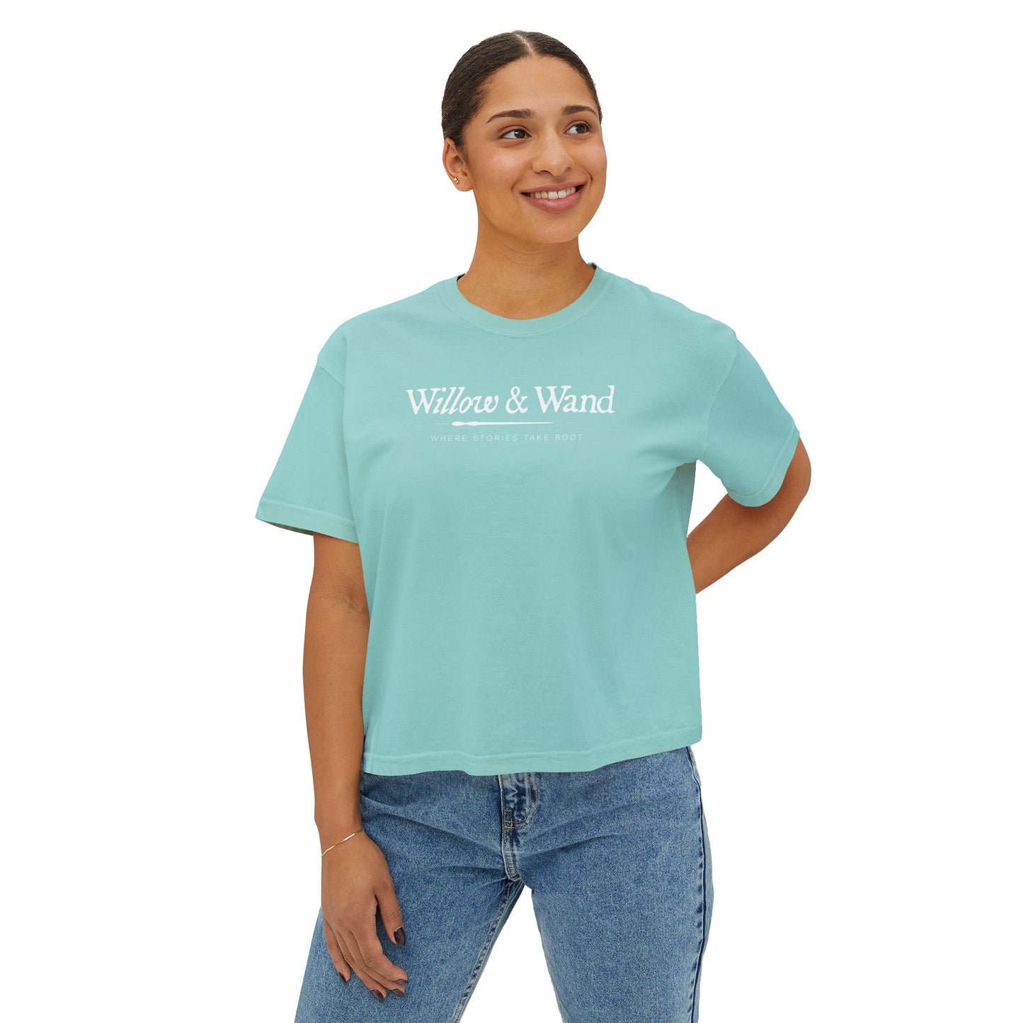 Boxy Women's Tee — Minimal White 'Willow & Wand' Logo