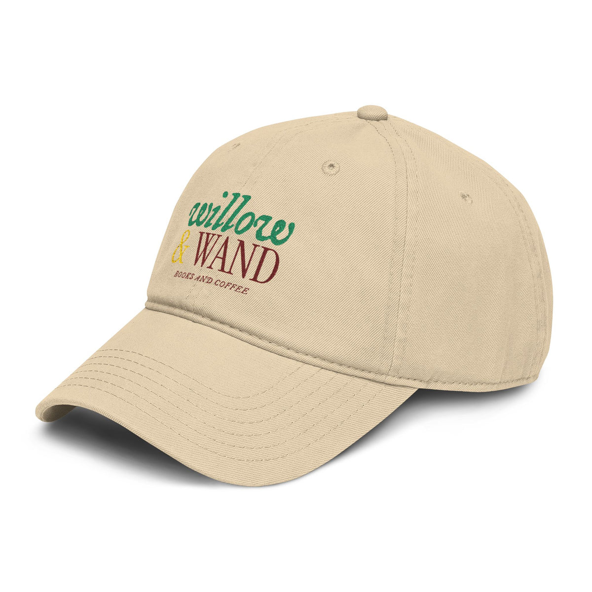 Willow & Wand Embroidered Washed Baseball Cap — Rustic Coffee Shop Logo Hat