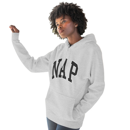 NAP Hoodie — Cozy Fleece Pullover with Collegiate Text