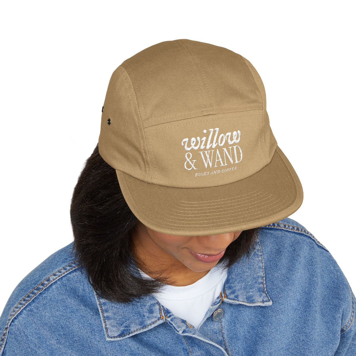 Willow & Wand Embroidered 5-Panel Cap – Casual Tan Hat with Script Logo