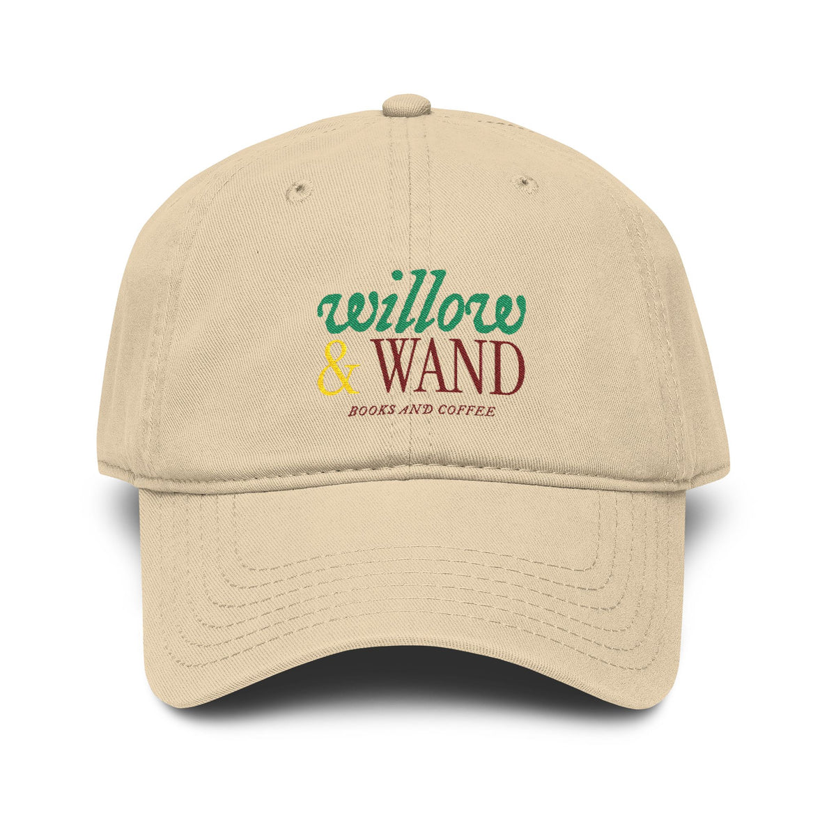 Willow & Wand Embroidered Washed Baseball Cap — Rustic Coffee Shop Logo Hat